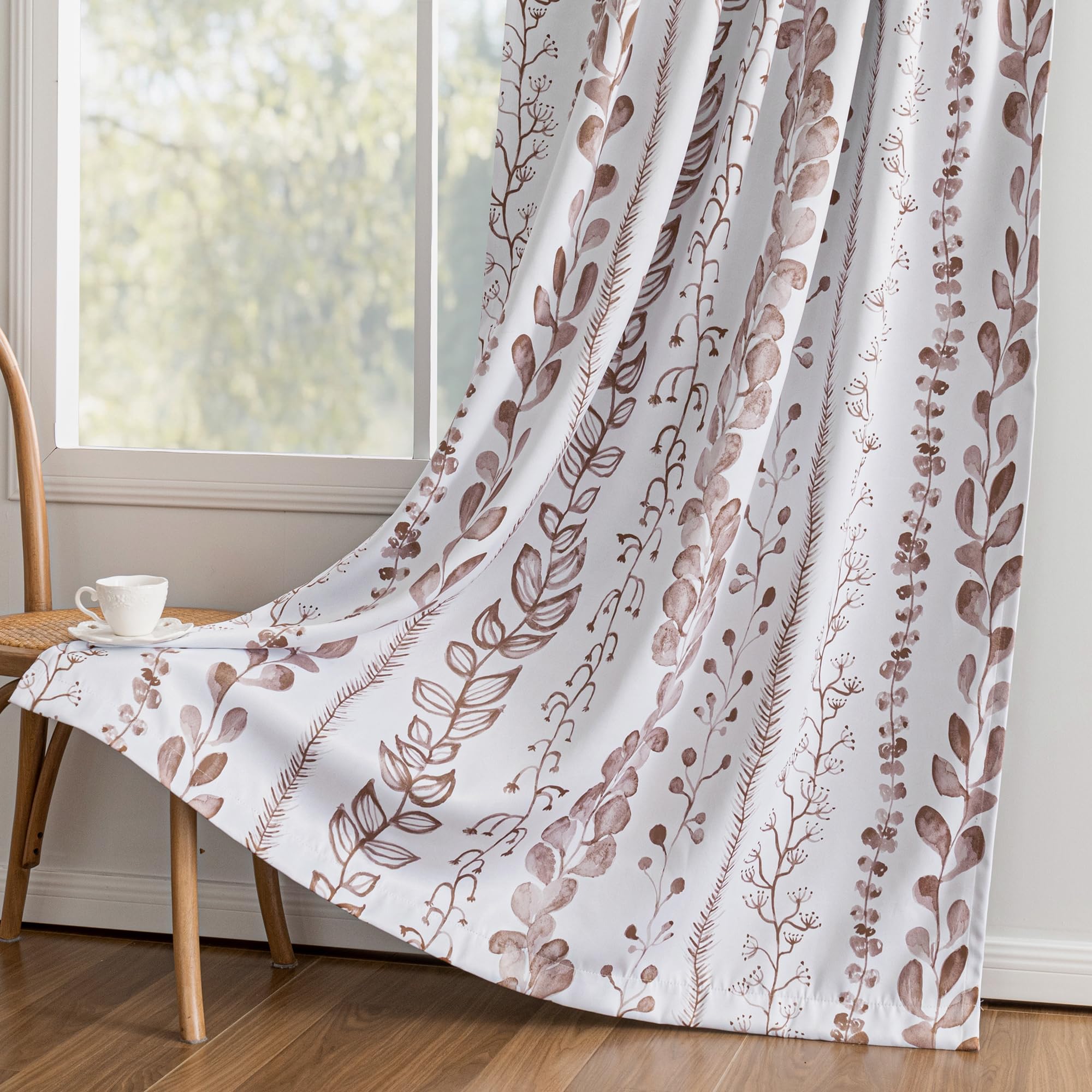 MEETSKY Brown Blackout Curtains for Bedroom, Thermal Insulated Privacy Protection Back Tab Curtains 95 Inches Length for Living Room, Leaf Pattern, 2 Panels, 50" Wide Each Image