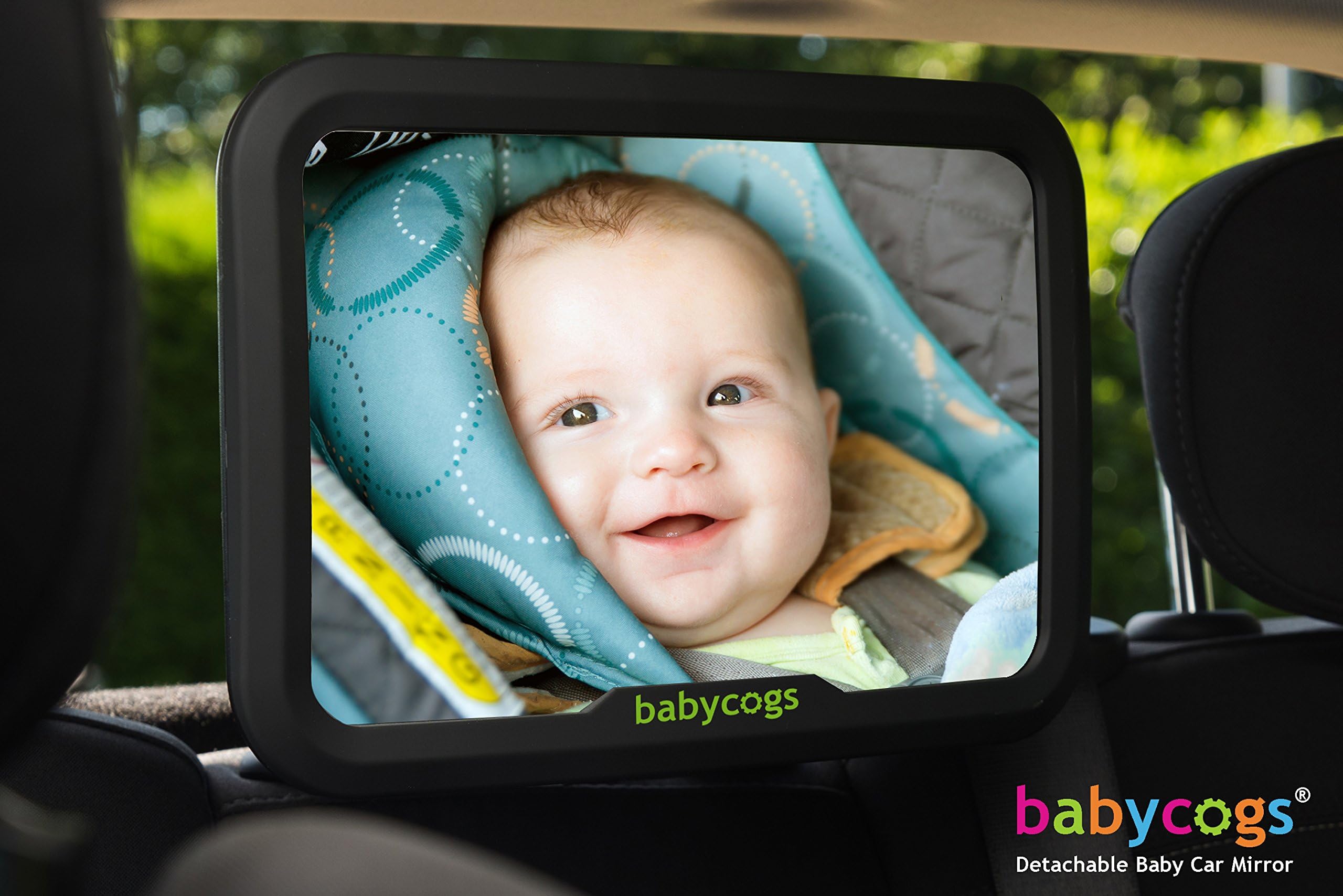 Babycogs Large Detachable Baby Car Mirror, 29cm Wide Angled Mirror, 100% Shatterproof, Easily adjustable for any rear headrest , Secure Durable, Solid Base, Safety First