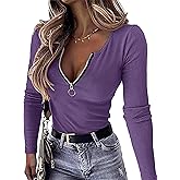 OwnTime Womens Sexy Tops Long Sleeve Henley Shirts Fitted Low Cut Tops Ribbed Zipper V Neck Cleavage Fall Shirts Blouses