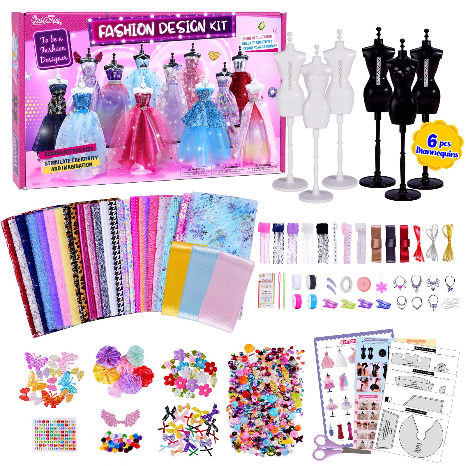 1000+Pcs - Fashion Designer Kit for Girls with 6 Mannequins- Creativity DIY Arts & Crafts Kit Learning Toys Sewing Kit for Kids- Teen Girls Kids Birthday Easter Gift Present Age 6 7 8 9 10 11 12+
