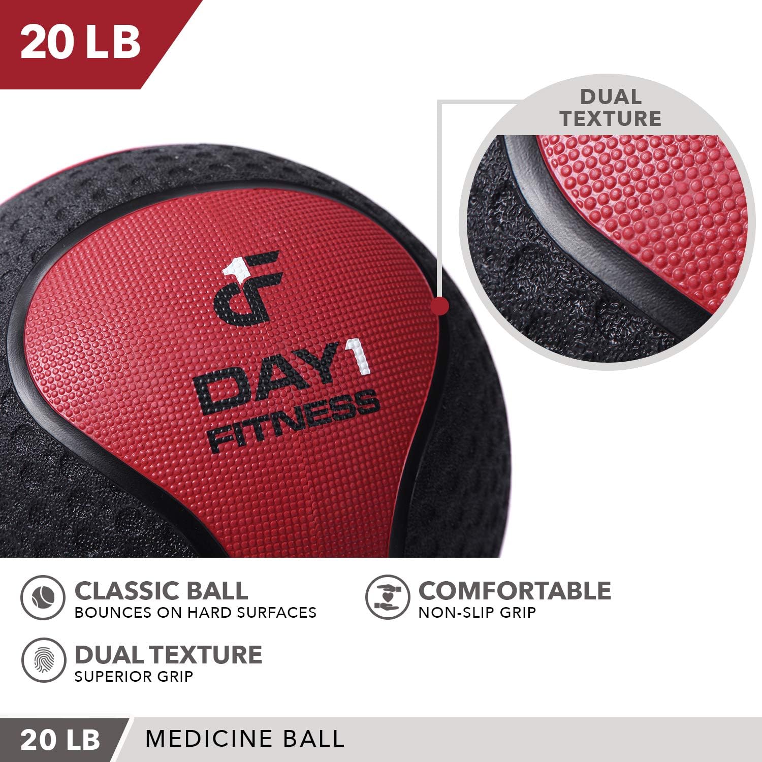 Medicine Exercise Ball with Dual Texture for Superior Grip by Day 1 Fitness - 20 Pounds - Fitness Balls for Plyometrics, Workouts - Improves Balance, Flexibility, Coordination : Sports & Outdoors