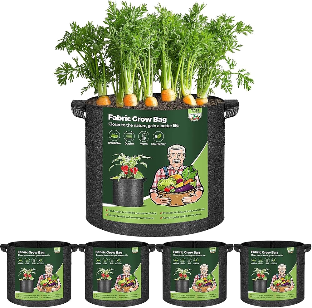 T4U 5-Pack 3 Gallon Fabric Grow Bags Heavy Duty with Handles Nonwoven Planter