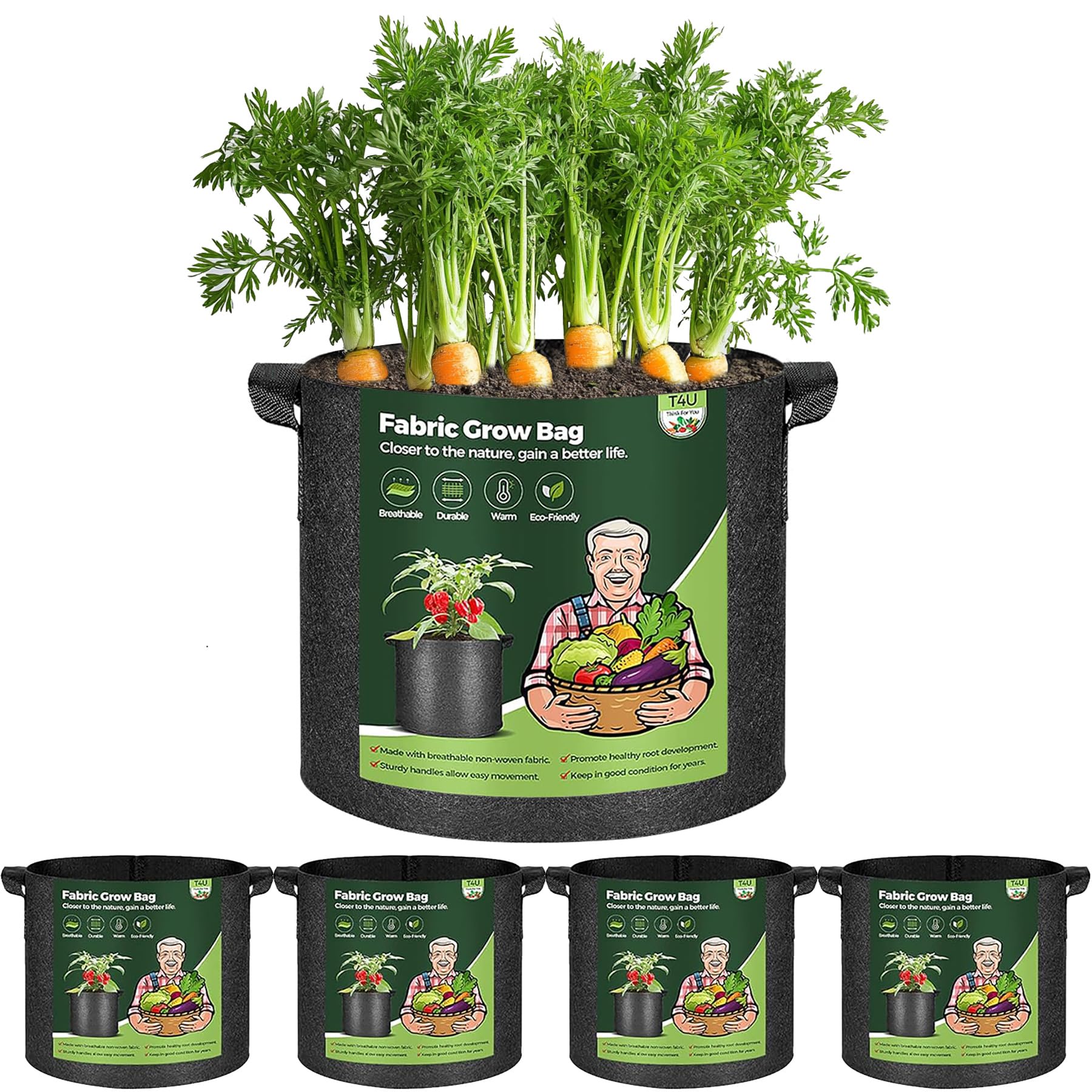 T4U 5 Gallon Plant Grow Bags with Handle Pack of 5, Fabric Pots Growing Bag, Heavy Duty Nonwoven Planter, Thickened Breathable Growbag Container for Potato Tomato Chili Strawberry Vegetables Outdoor