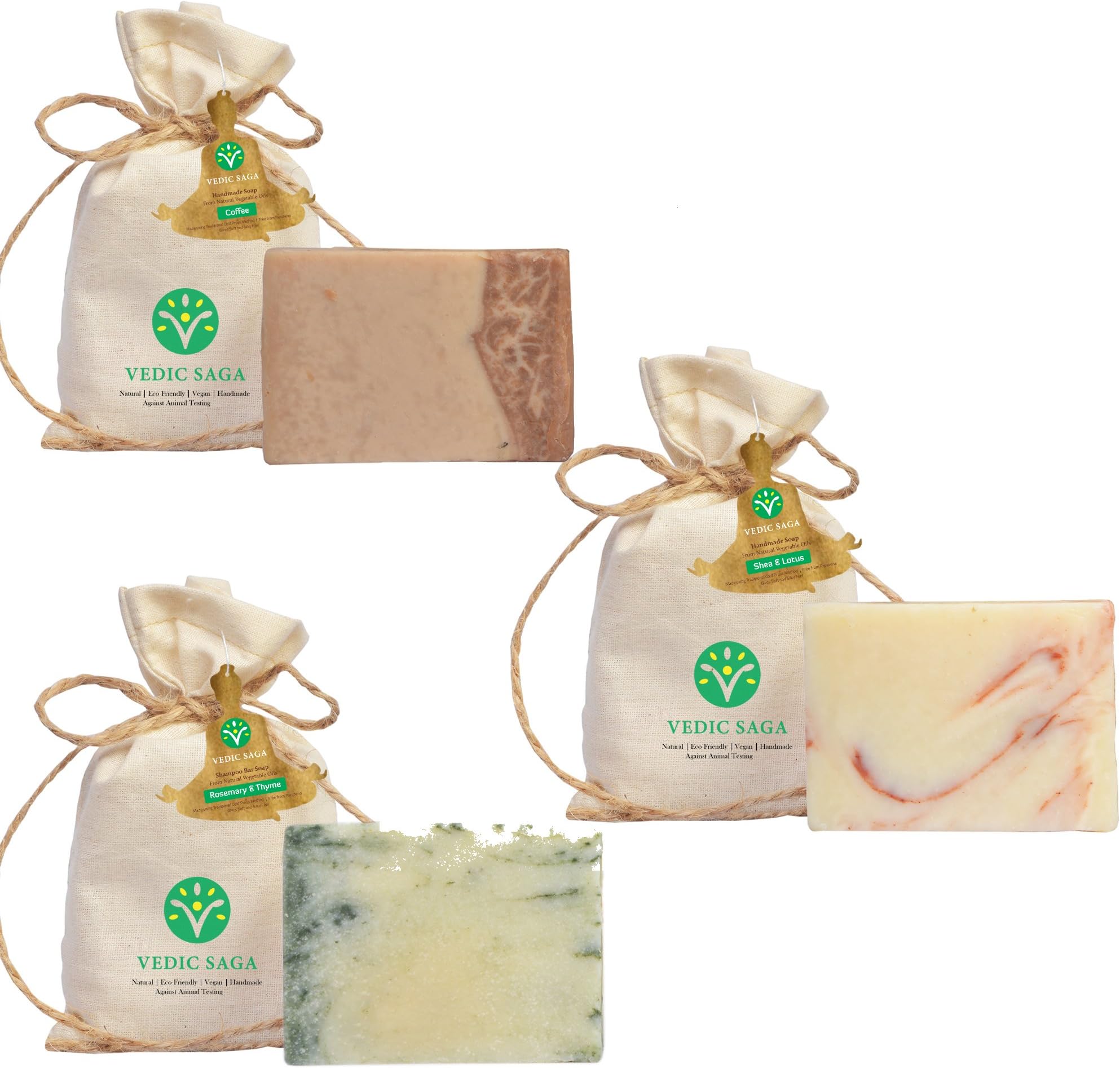 Vedic Saga pack of 3, Combo Handmade Soap : Aloevera & Jasmin, Mandarin & Orange and Shampoo Bar : Fenugreek & Neem