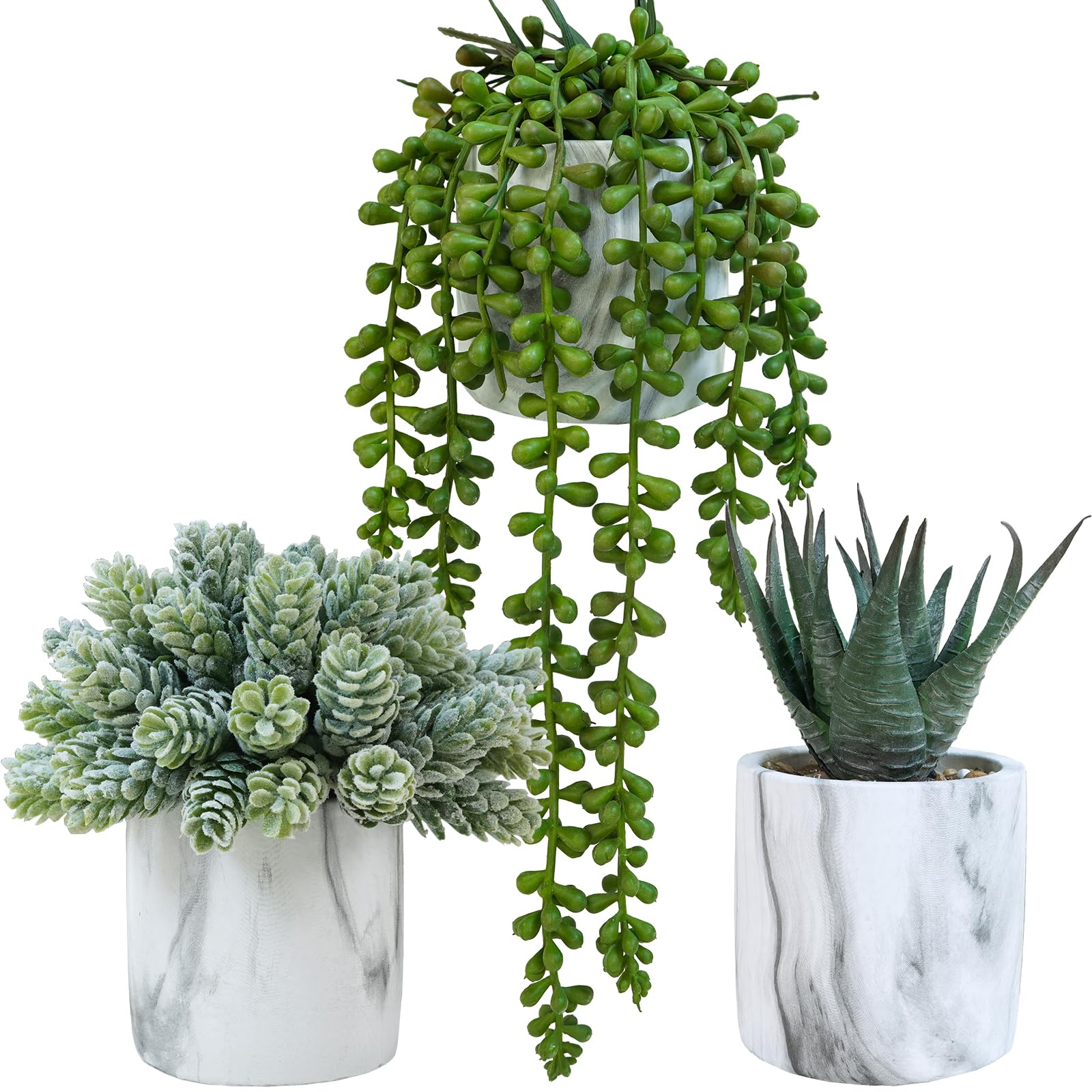 Photo 1 of Winlyn Set of 3 Small Artificial Succulent Potted Plants Fake Aloe Hops String of Pearls in Modern Marble Ceramic Planter for Home Garden Bathroom Shelf Office Desk Tabletop Indoor Outdoor Décor