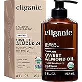 Cliganic Organic Sweet Almond Oil, 100% Pure (8oz) - for Skin & Hair, Nourishing Carrier Oil for Face & Body