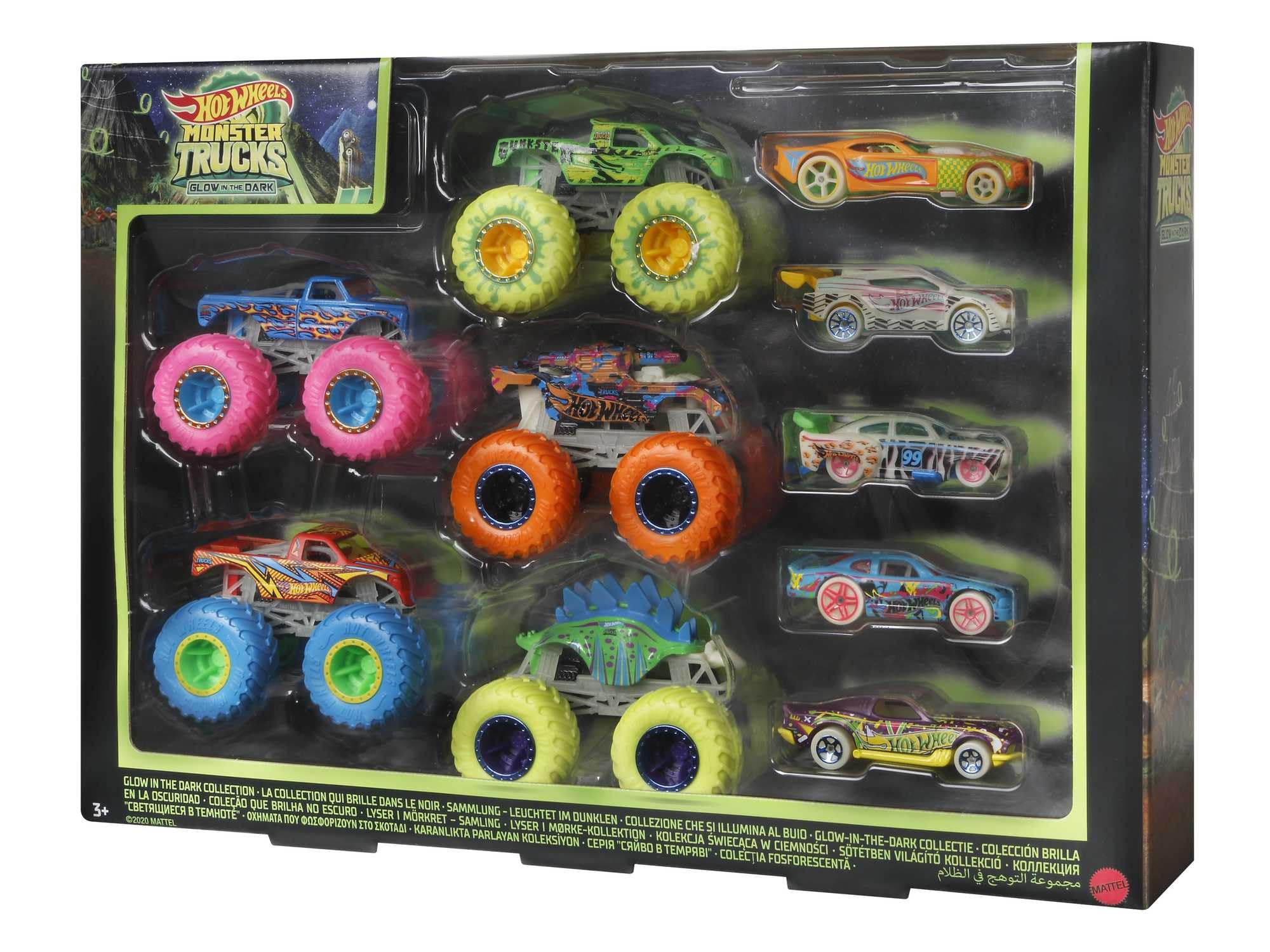 Hot Wheels Monster Trucks - Multipack mit Leuchteffekt im Dunkeln, 10 Fahrzeuge im Maßstab 1:64, 5 Monster und 5 Fahrzeuge für Sammler und Kinder, HCB57