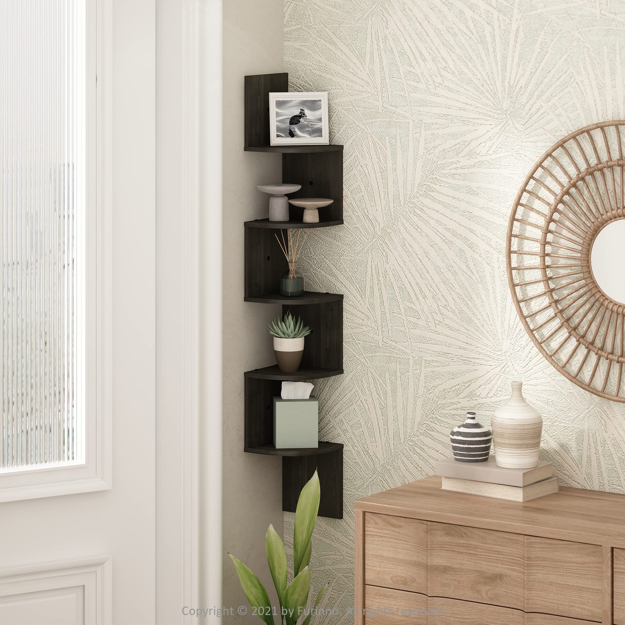 Furinno ROSSI 5-Tier Floating Corner Shelf for Wall, Corner Zigzag Shelf Wall Mounted, Radial Wall Mount Shelves, for Home Office, Living Room, Bedroom, Bathroom, Espresso