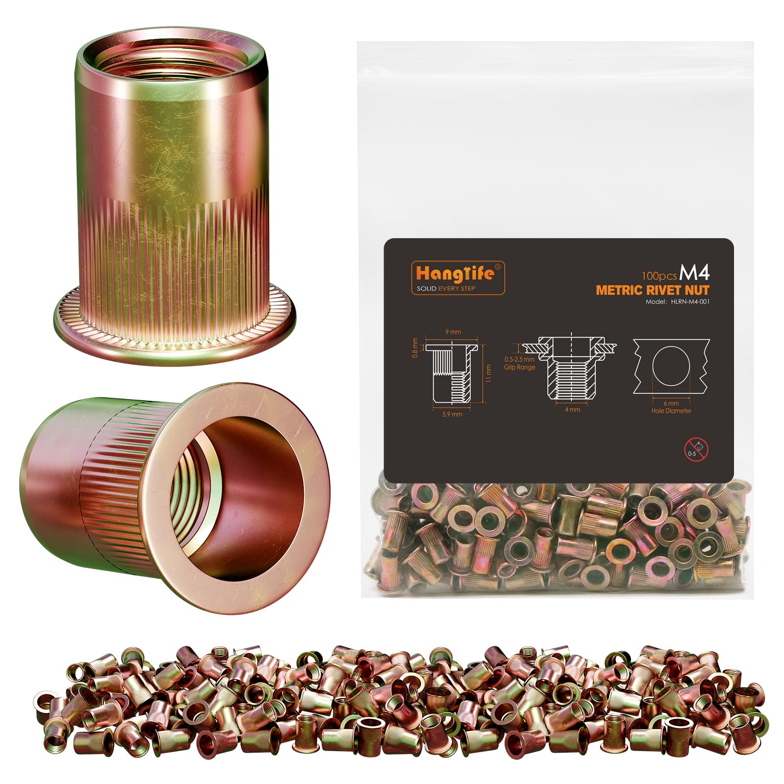HANGLIFE Rivet Nut, M4 Metric Rivnut - Flat Head Nutserts, Zinc Plated Carbon Steel Knurled Body Threaded Insert Nuts, 100 Pieces