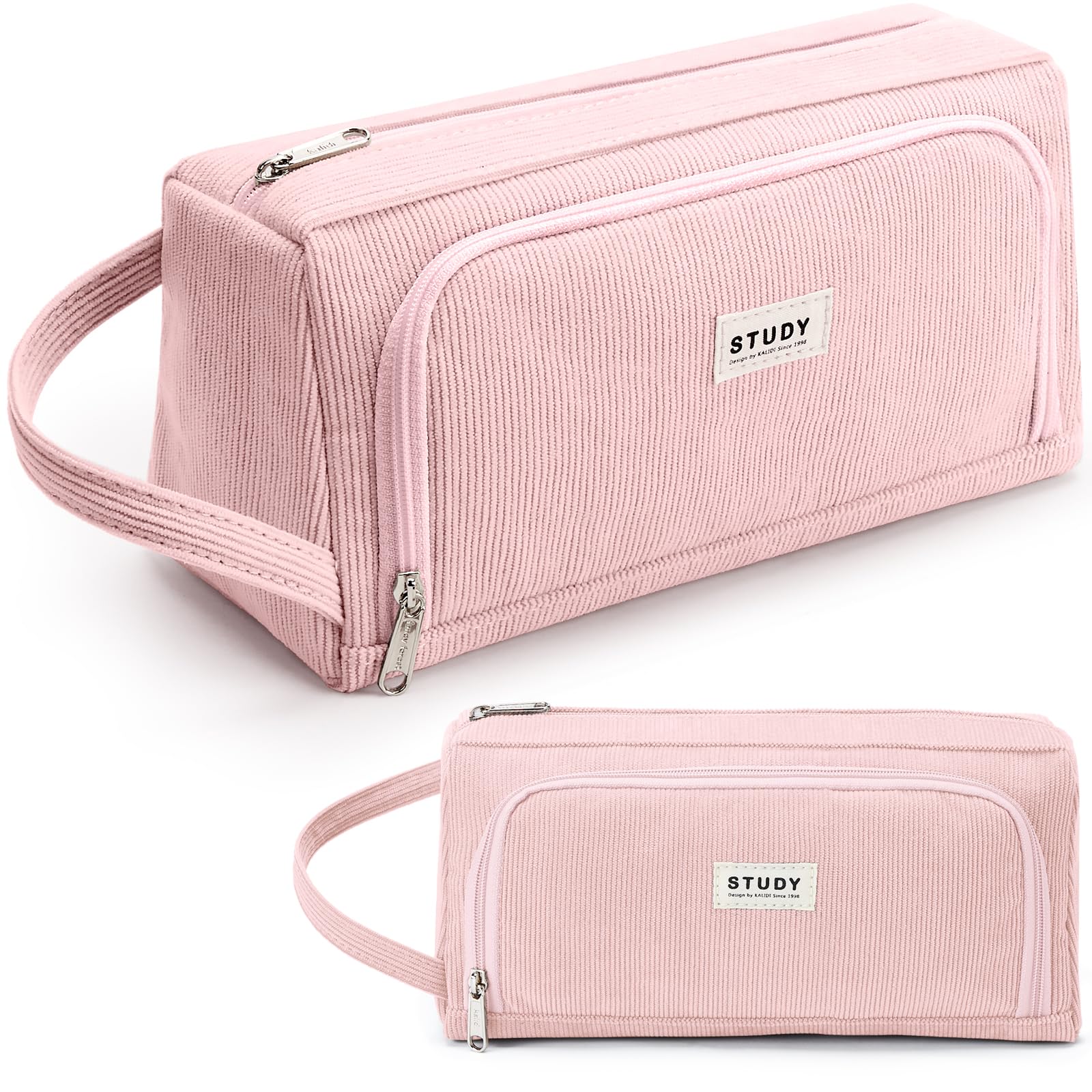 Kalidi Large Pencil Case with Zipper & Compartments - Aesthetic Corduroy Bag for Girls, Boys, and Women - Big Capacity Pink