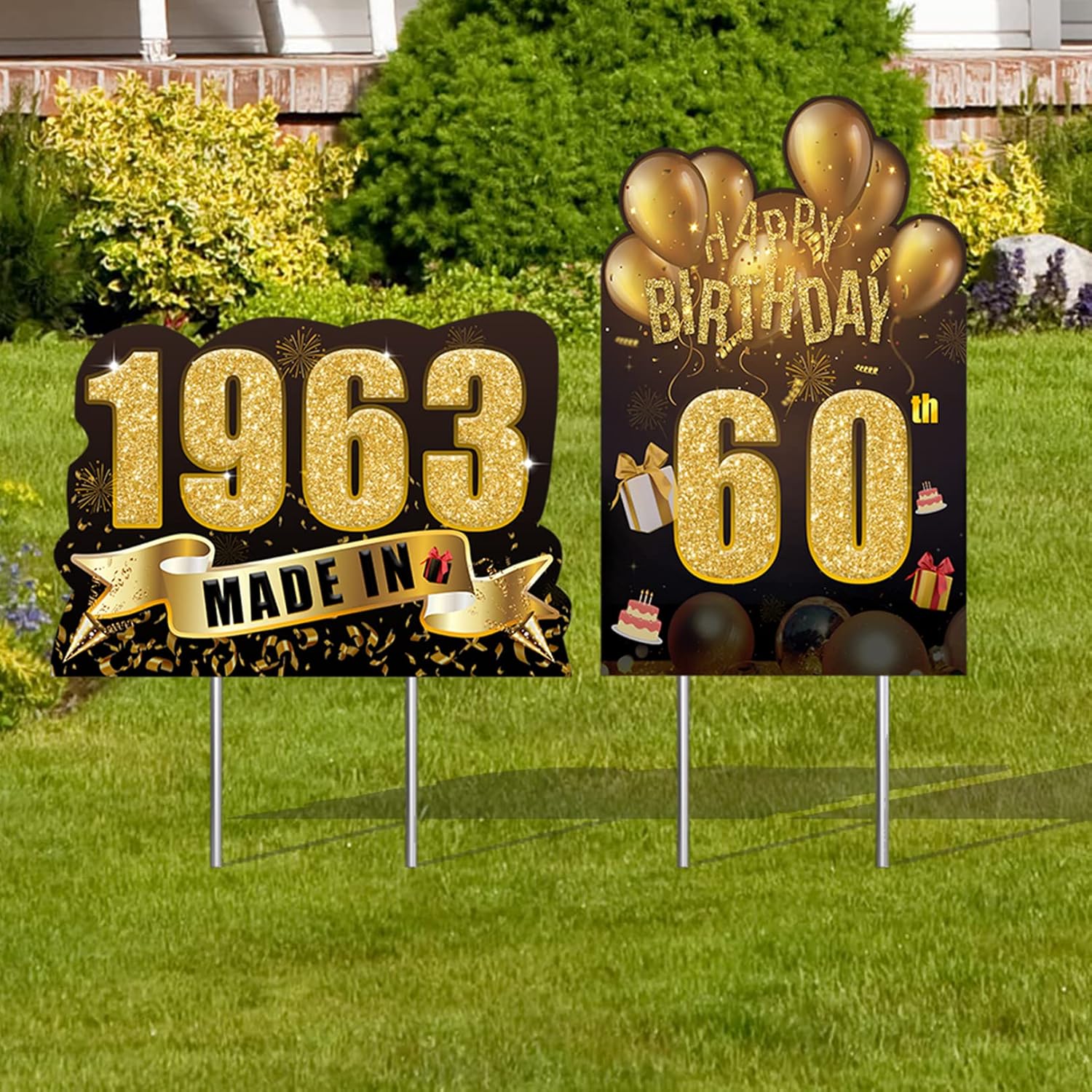 Yard Signs - 2pcs Black Gold 60th Birthday Decorations Women Men Yard Sign With Plastic Bracket, Happy 60th Birthday Made In 1963 Lawn Sign Yard Signs Stakes,60th Year Old Birthday Yard Decor With Stakes (Black Gold-60th)