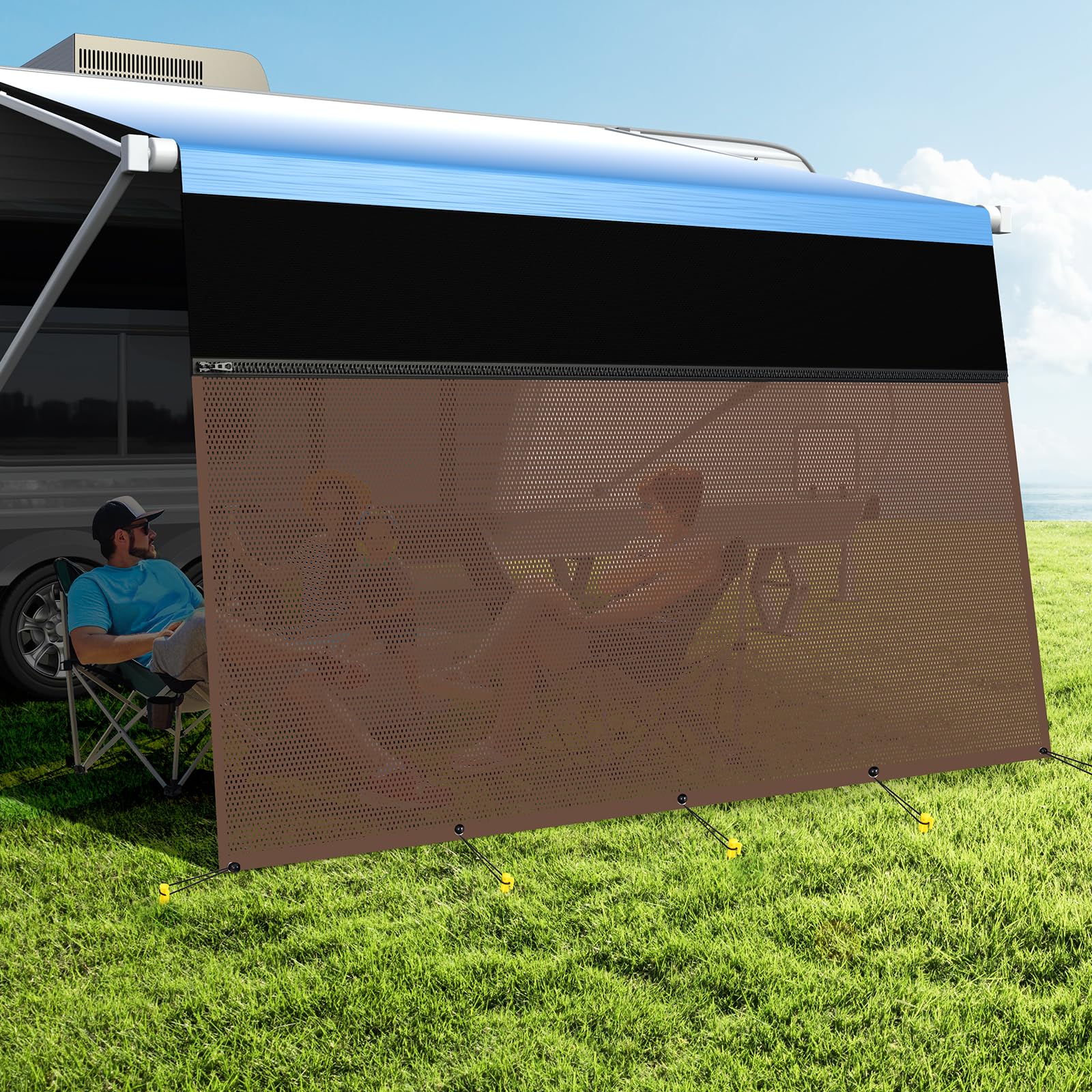 RV Awning Sun Shade Screen with Zipper, Upgrade 600D Oxford Top + 8 ...