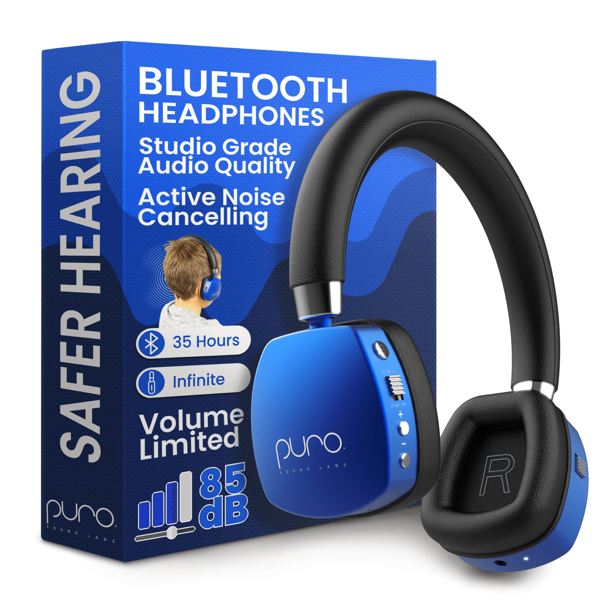 Puro Sound Labs PuroQuiet Plus Volume Limited On-Ear Active Noise Cancelling Bluetooth Headphones for Kids with Built-in Microphone–Safer Sound Studio-Grade Quality (Blue)