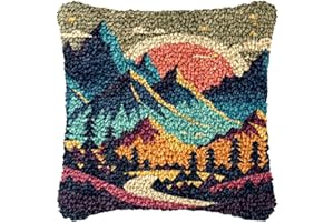 GENERIC Landscape of Sunset Mountain Tree Latch Hook Pillow Kit for Adults with Printed Canvas Crochet Yarn DIY Throw Pillow Cover Needle Craft Handmade Cushion for Home Sofa Decor 43x43cm(2)