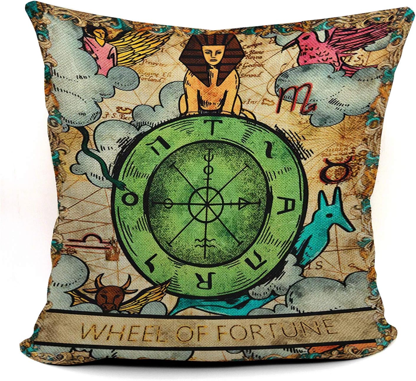 Tarot Wheel of Fortune Throw Pillow Case, Gift for Daughter, Sister, Gift for Astrology Lovers, Tarot Lovers, Girl Room Decor, College Dorm Decor, 18 x 18 Inch Linen Cushion Cover for Sofa Couch Bed