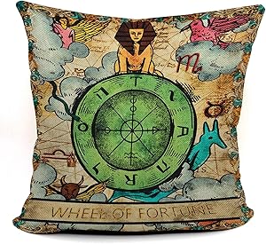 Tarot Wheel of Fortune Throw Pillow Case, Gift for Daughter, Sister, Gift for Astrology Lovers, Tarot Lovers, Girl Room Decor, College Dorm Decor, 18 x 18 Inch Linen Cushion Cover for Sofa Couch Bed