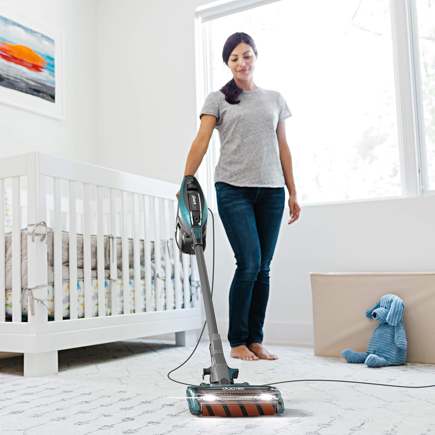 Shark ZS362 APEX Corded Stick Vacuum with DuoClean and Self-Cleaning Brusholl, Precision Duster, Crevice and Pet Multi-Tool, Forest Mist Blue, 10.2 in L x 9.8 in W x 46.4 in H -