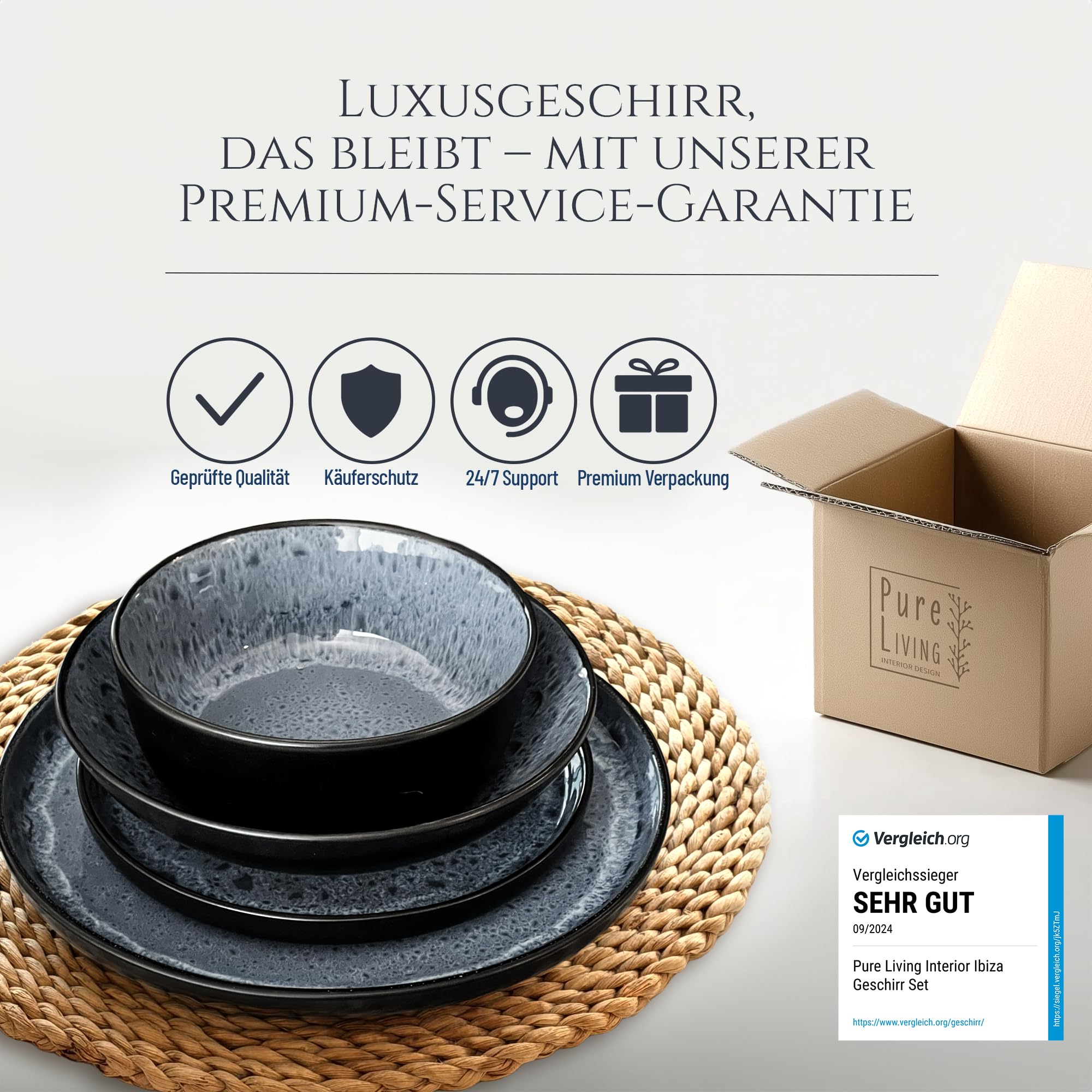 Steingut Geschirrset 6 Personen Ibiza 24 tlg. TESTSIEGER, Traumhaftes Mediterranes Steingut Geschirr Set, Schüssel- und Teller Set, Tafelservice 6 Personen, Geschirrsets Pure Living in Grau 7