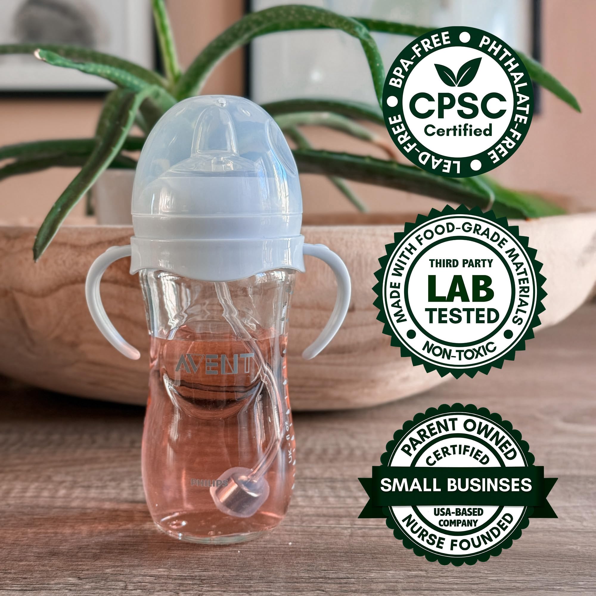 Sippy Cup Conversion Kit for Philips Avent Natural Baby Bottles 2-Count, Food Grade Silicone Spout Nipples and Weighted Straw, Bottle Handles, Cleaning Brush, BPA-Free, Straw Transition, 4+ Months