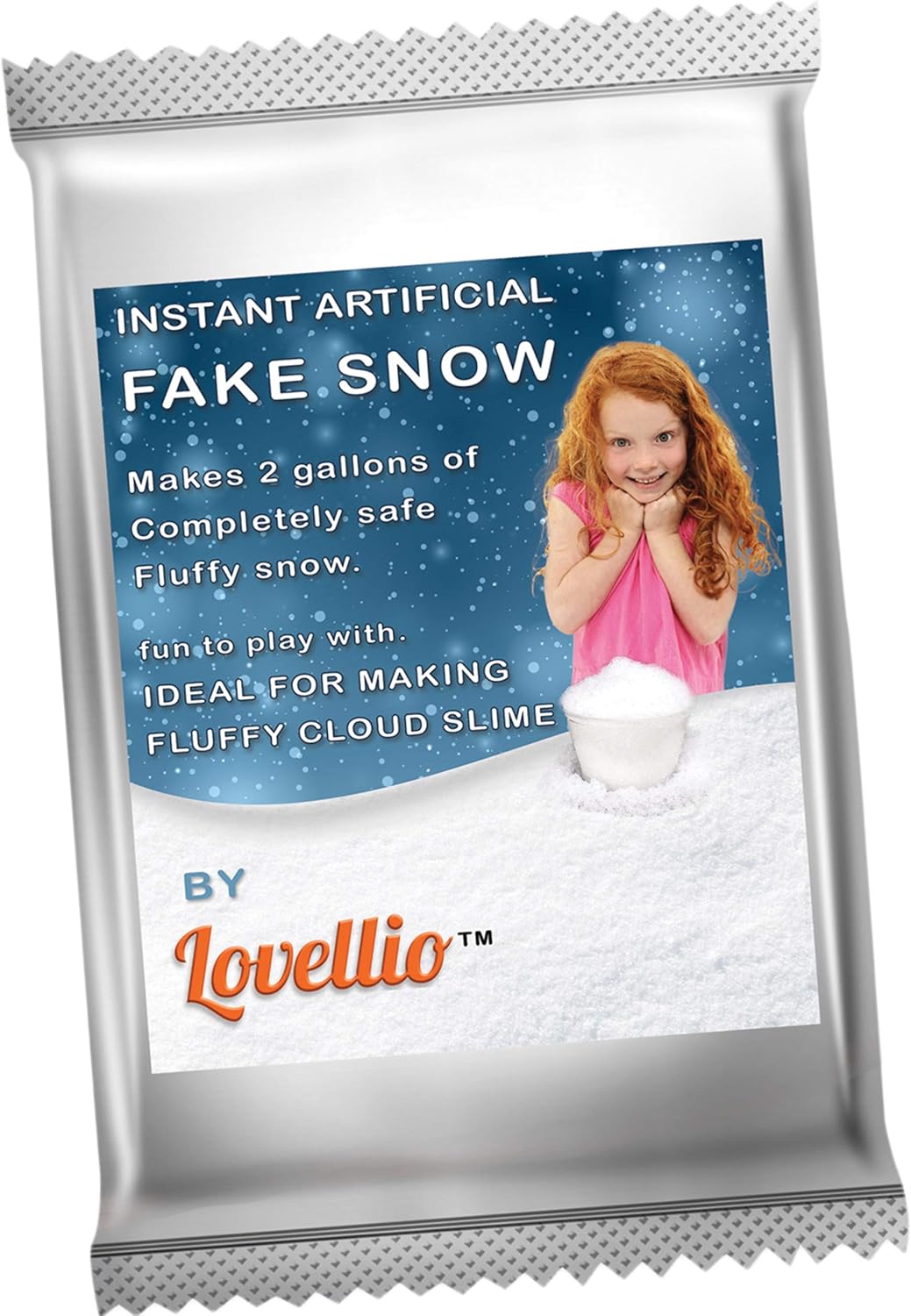 Lovellio Instant Fake Snow Powder/Makes 2 gallons of Artificial Fluffy Snow/Ideal for Xmas Decoration, Parties, Games/Ideal for Homemade Cloud Slime/Plus an Amazing Fruit Slime