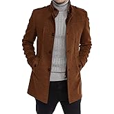 Karlywindow Mens Trench Coat Long Sleeve Stand Collar Single Breasted Pea Coat Casual Mid Long Slim Fit Overcoat with Pockets