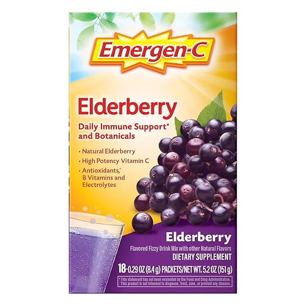EMERGEN-C ELDERBERRY FIZZY DRINK MIX, ELDERBERRY IMMUNE SUPPORT, NATURAL FLAVORS, WITH HIGH POTENCY VITAMIN C, 18 COUNT
