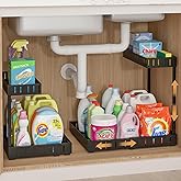 REALINN Under Sink Organizer, 2 Tier Expandable Under Cabinet Organizer, Heights Adjustable Pull Out Storage for Kitchen Bathroom Laundry, Black, 2 Pack