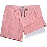 maamgic Men's Swim Trunks 5.5 inch Seersucker 2 in 1 Beach Shorts Quick Dry Bathing Suits with Compression Liner