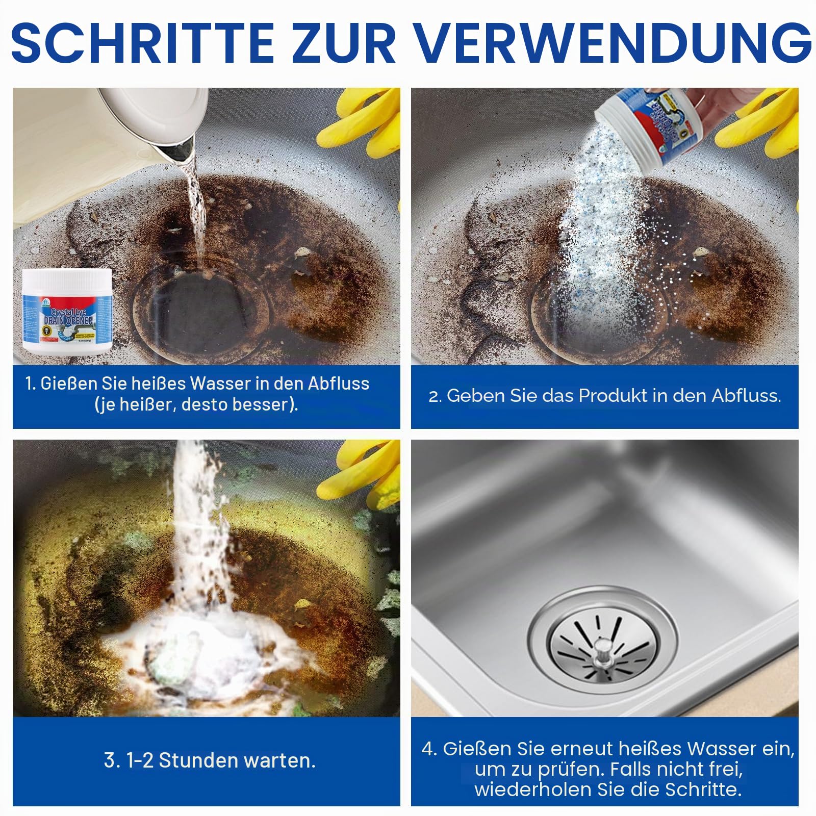 Bell Bird Kristall‑Abflussreiniger mit Natriumhydroxid, Extra Stark Rohrfrei Rohrreiniger Cleaner für Küche & Bad, Waschbecken, Abflüsse und Duschrohre - 1 Flasche 7
