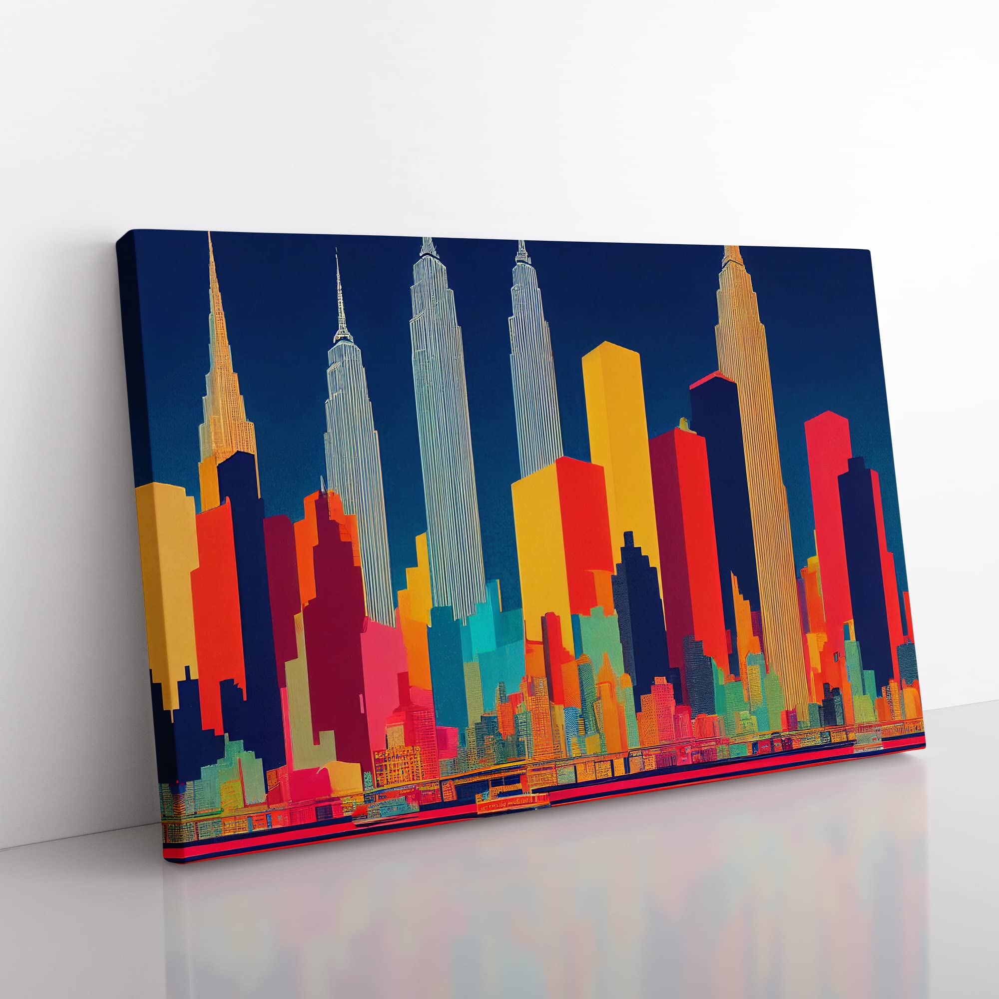 New York Skyline Retro Abstract Canvas Wall Art Print Ready to Hang, Framed Picture for Living Room Bedroom Home Office Décor, 50x35 cm (20x14 Inch)