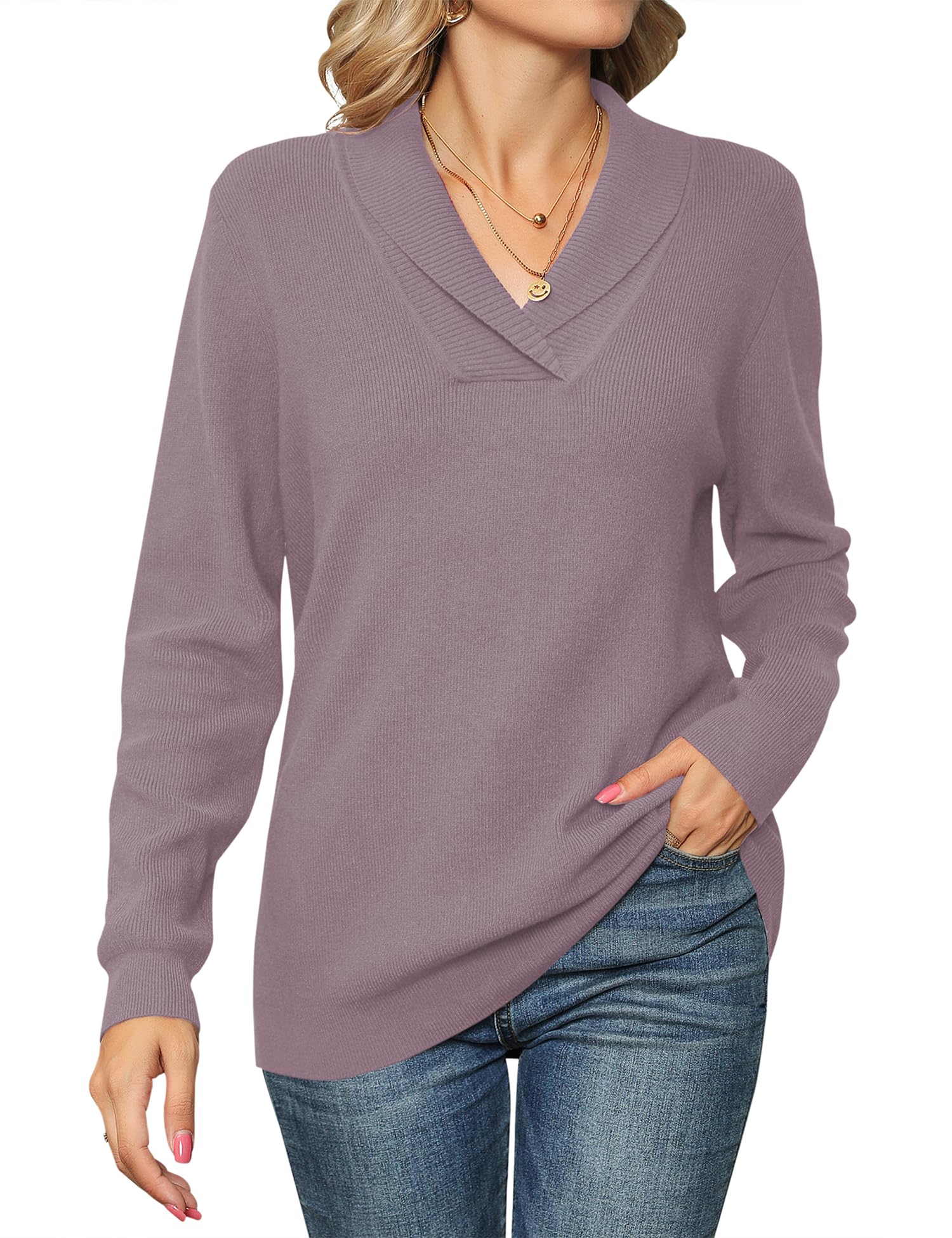 Ivicoer V Neck Sweater Women Collared Long Sleeve Dressy Pullover Ladies Knitted Tops Casual Fall Winter Polo Fashion Trendy Image