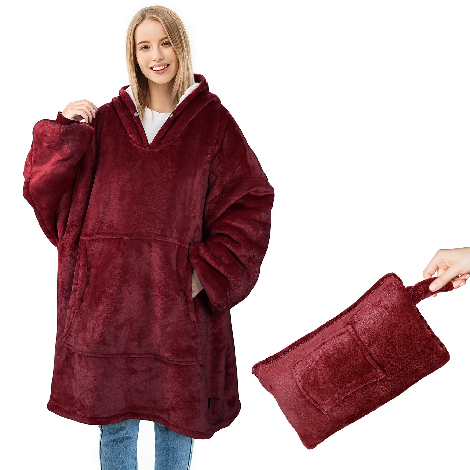 Catalonia Classy Oversized Travel Hoodie Blanket, 2 in 1 Portable Hooded Sweatshirt Blanket, Fluffy Sherpa Wearable Blanket and Travel Pillow, Warm Gifts for Adults Women Men Friends