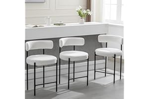 Forsalund Counter Height Bar Stools, 24'' White Bar Stools Set of 3, Boucle Barstools with Back, Mid-Century Modern Bar Chairs for Kitchen Island, Dining Room