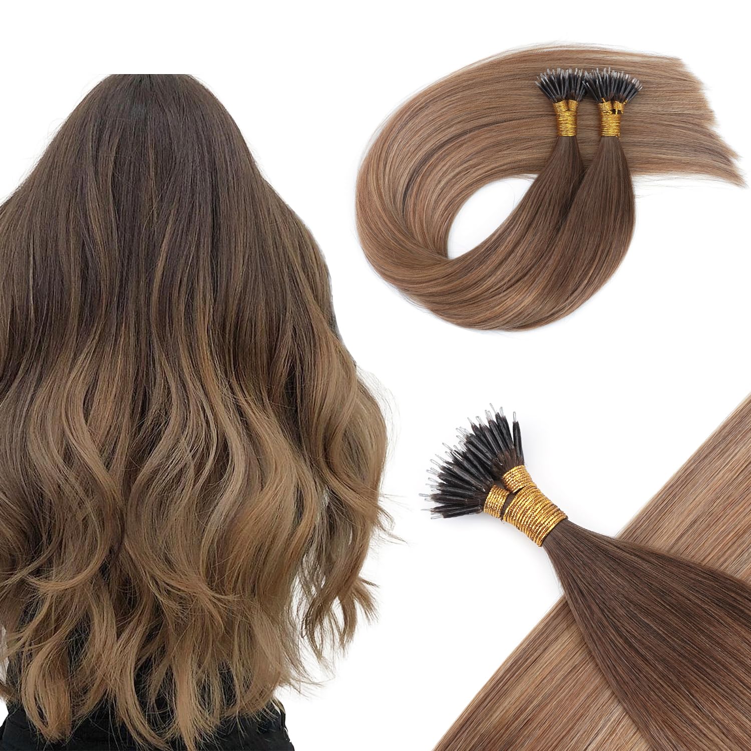 KOCONI 16 Inch Brown Ombre Nano Ring Hair Extensions Real Human Hair Nano Beads Remy Human Hair Extensions Human Hair Fading to Chocolate Brown and Wheat Blond 1g/S Nano Beads Hair 50g 4/10/16 — image 1