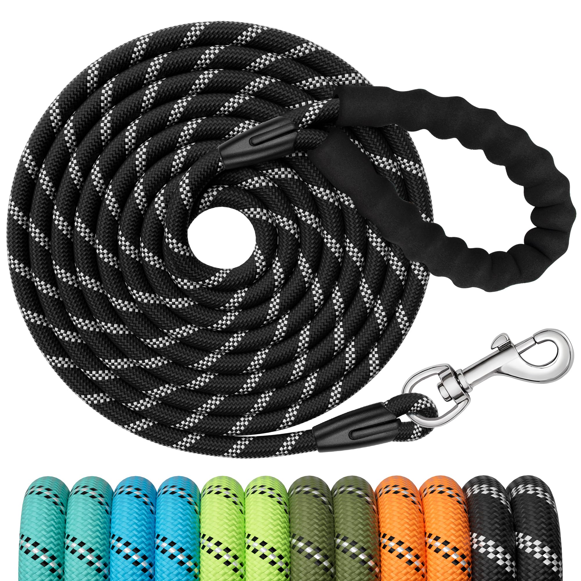 X XBEN Training Leads for Dogs, 20M/65FT Strong Rope Long line Dog Lead Leash with Soft Padded Handle and Heavy Duty Hook, Reflective Recall Training Leads for Large Medium Small Dog, Black