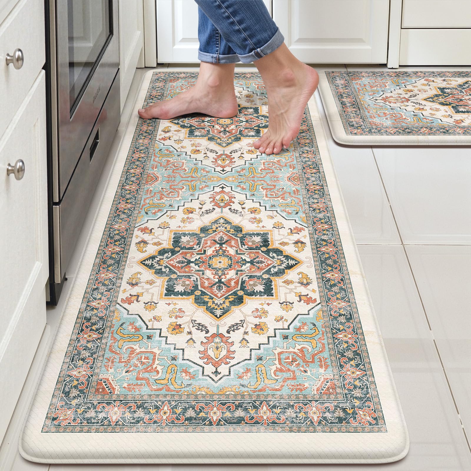 Photo 1 of Sungea Kitchen Mats for Floor Cushioned Anti Fatigue,Boho Vintage Blue Kitchen Rugs Sets of 2 Non Slip,Memory Foam Waterproof Comfort Standing Mat Carpet for Sink Laundry Office