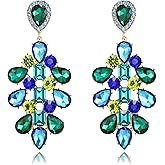 BriLove Stunning Crystal Rhinestone Teardrop Rectangle Emerald Cut Long Chandelier Drop Dangle Earrings for Women Party Prom Green Blue Gold-tone