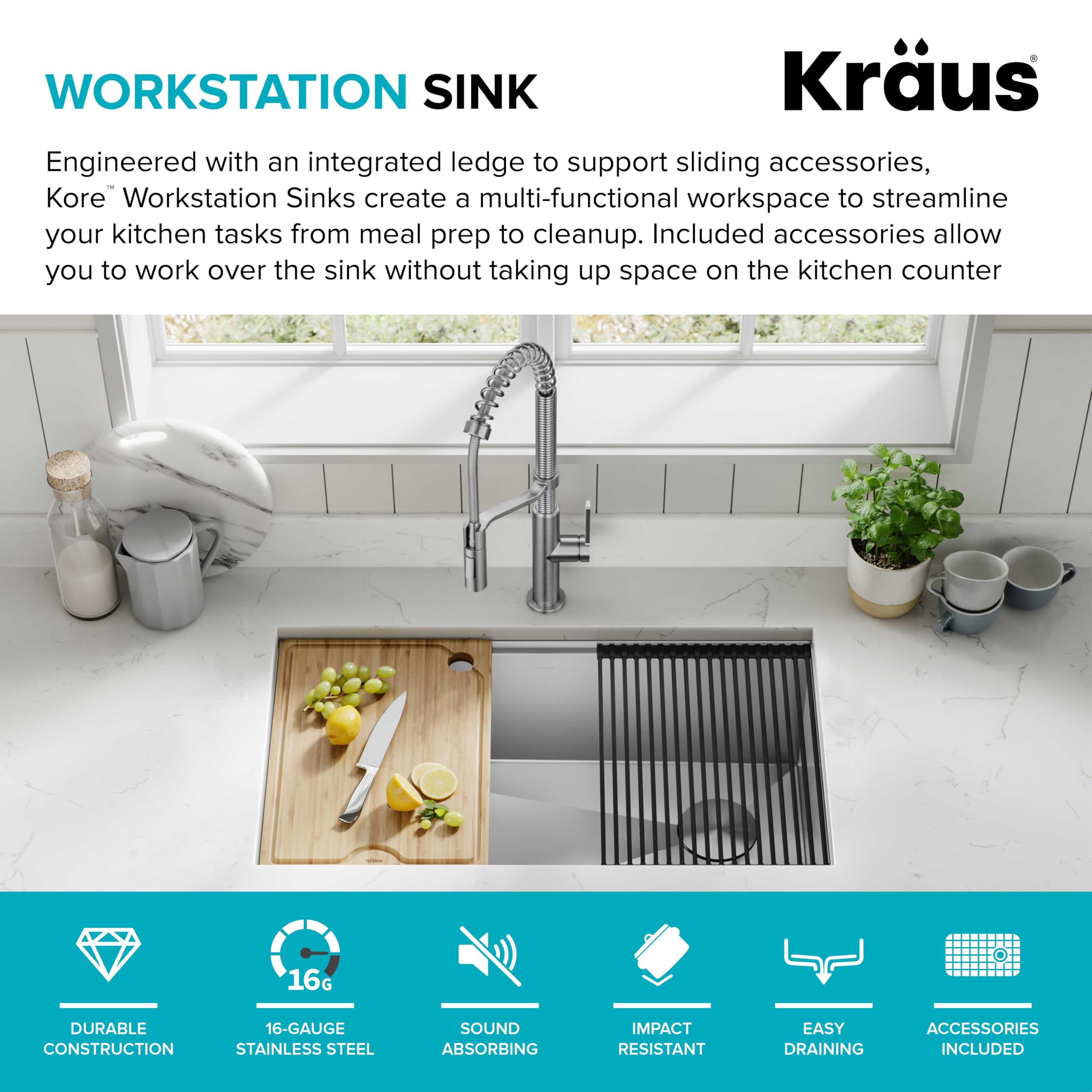 KRAUS Kore 32-Inch Undermount Workstation 16 Gauge Single Bowl Stainless Steel Kitchen Sink with Accessories, KWU110-32