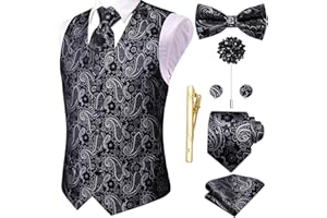 Hi-Tie Silk Mens Suit Vest Tie and Bowtie Lapel Pin Gold Tie Clip Paisley Floral Waistcoat 8PCS Set Tuxedo Wedding Party