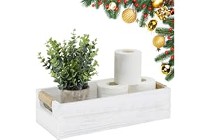 ANRXNCY Farmhouse Bathroom Decor Box Toilet Paper Holder, White Wood, Rectangular Tray with Artificial Flower, 14.9"L x 5.3"W x 3.3"H