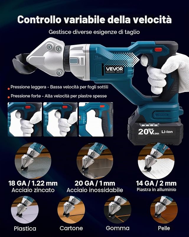 Cesoia per Metallo, Taglierina per Lamiera Senza Fili con Testa Girevole, Doppie Lame, 220 V CA 20 V CC, Taglia Acciaio Zincato da 1,22 mm, Acciaio Inox da 1 mm, Alluminio, Plastica, 2800 SPM