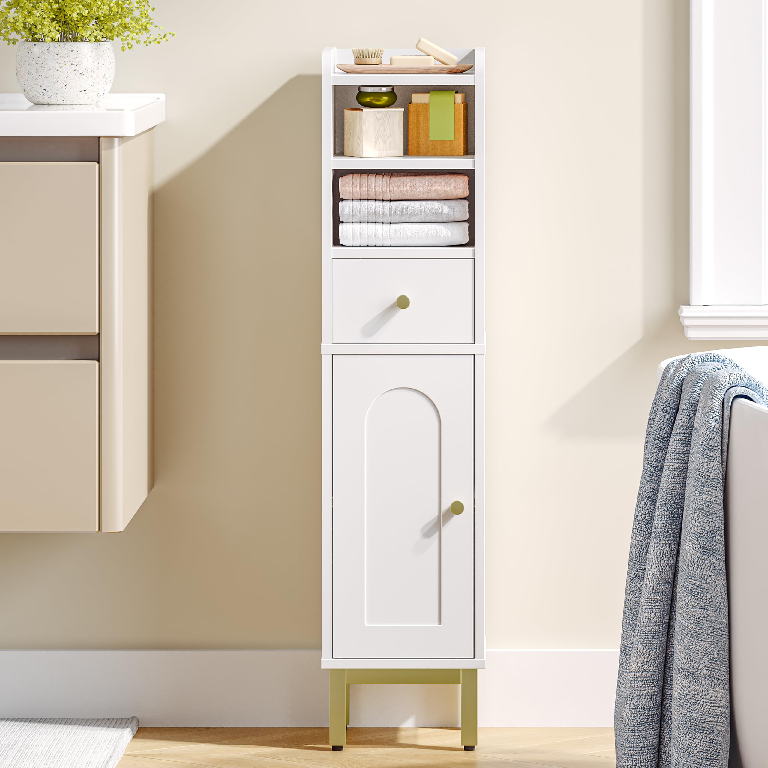 Photo 1 of **MISSING HARDWARE** Hzuaneri Bathroom Storage Cabinet, Corner Floor Cabinet with Drawers and Doors, Narrow Toilet Paper Holder, Bathroom Organizer with Adjustable Shelf, for Small Spaces, White BC19803GV1