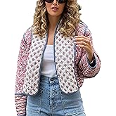 VAOYIU Women's Loose Retro Striped Quilted Jacket Stand Collar Cropped Puffer Outerwear Vintage Coat with Contrast Trim