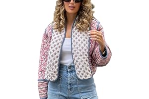 VAOYIU Women's Cropped Puffer Jacket Vintage Cardigan Floral Printed Lightweight Open Front Padded Quilted Coats