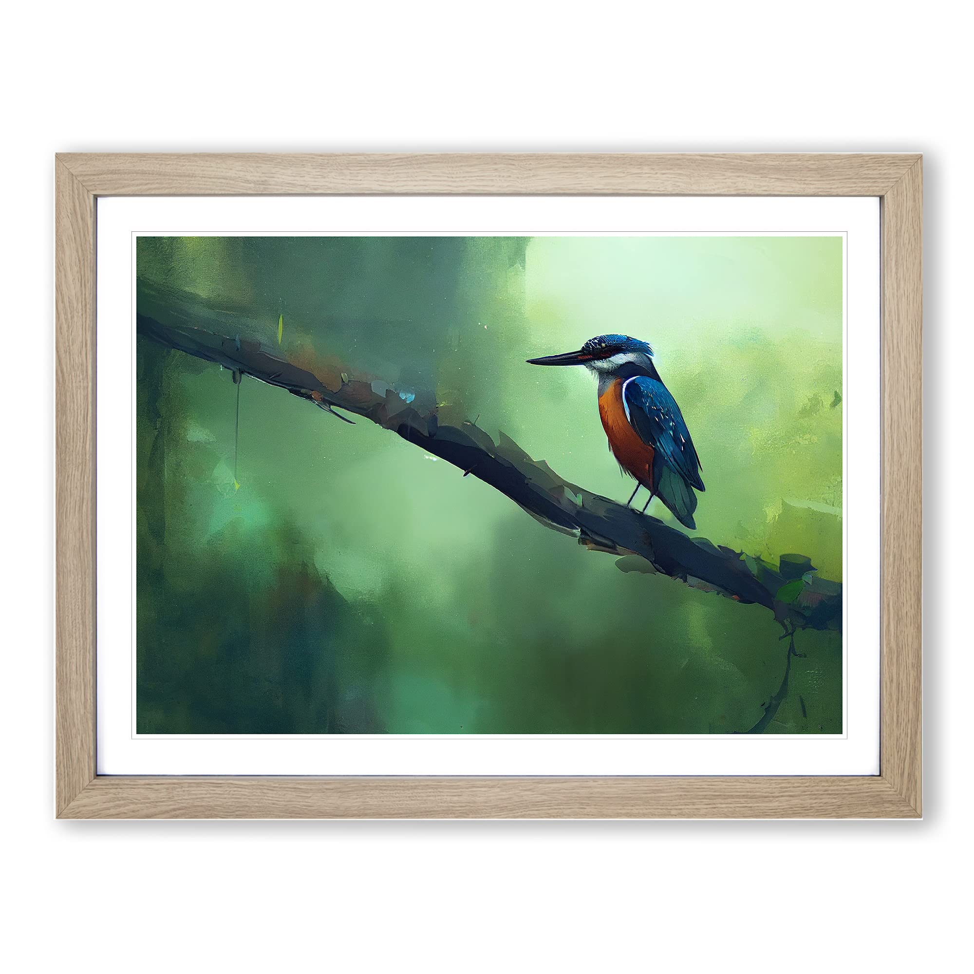 Kingfisher Bird Art Painting Vol.6 Framed Print | A4 Oak Framed Wall Art | Ready to Hang | Modern Historical Picture | Living Room Bedroom Lounge Office