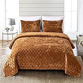 Fredsure Distressed Velvet Quilt Set, 3 Pieces Caramel Gold King, Distressed Velvet Face and Brushed Microfiber Reverse with Diamond Quilting