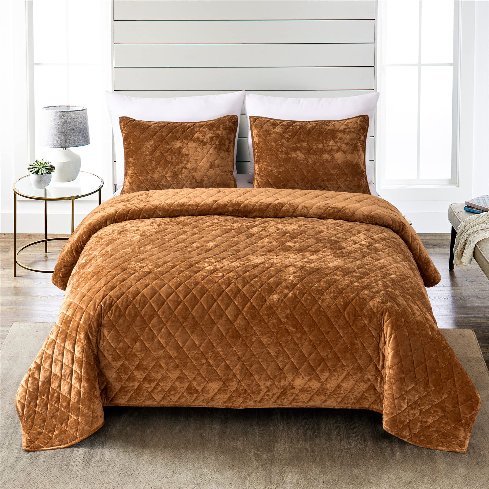 Photo 1 of Fredsure Distressed Velvet Quilt Set, 3 Pieces Caramel Gold Queen, Distressed Velvet Face and Brushed Microfiber Reverse with Diamond Quilting