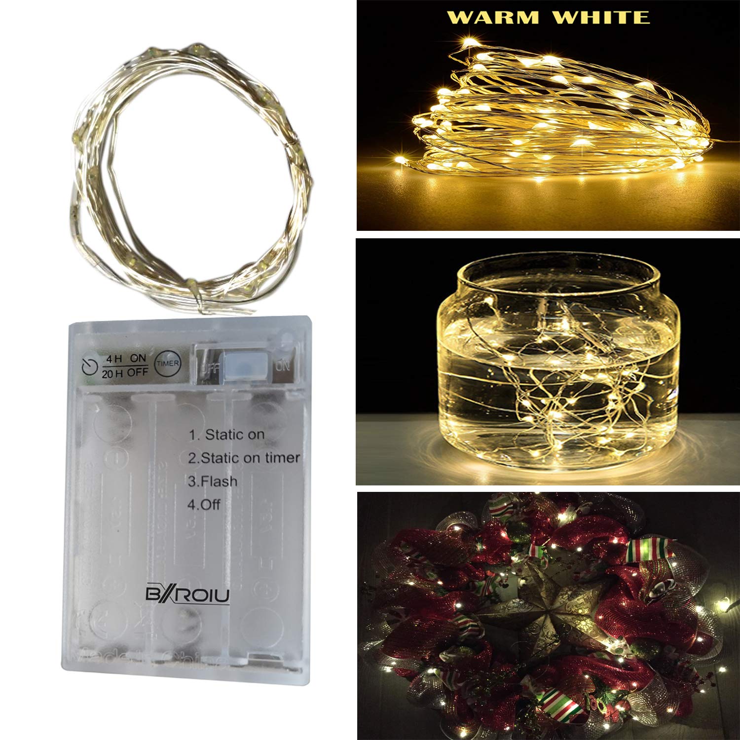 BXROIU 2 x Fairy String Lights Battery Operated, Silver Wire 3 Mode Chains with Timer 6.5ft 20 LEDs Firefly String Lights for Bedroom Christmas Party Wedding Decoration (Warm White)