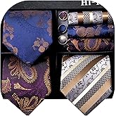 Hi-Tie 3 Pcs Gift Box Mens Tie Set Necktie with Pocket Square Cufflinks Lapel Pin Silk Neck Tie Collection