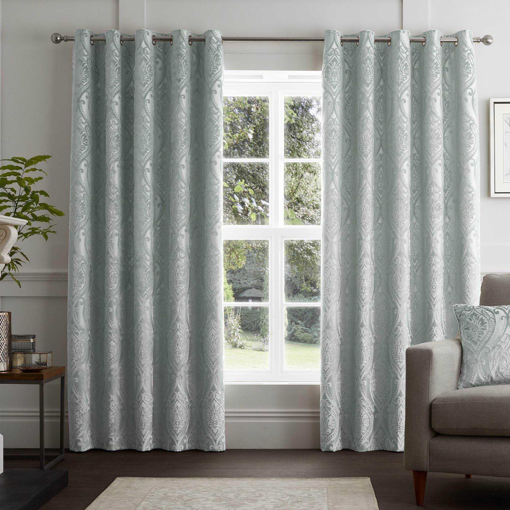 Curtina - Duck Egg Blue Damask Curtains W66 x L72" (168 x 183cm) - Light Blue Jacquard Eyelet Curtains - Botanical Luxury Curtains & Drapes for Living Room & Bedroom - Traditional Drapes/Door Curtain